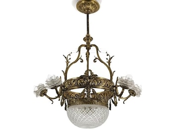 Art Deco Jugendkrona mässing Utsmyckade blomskärmar Etsat glas 7 ljus WOW