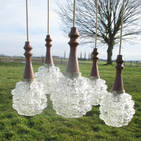 RESERVED LOUISE Mid Century Danish Modern Chandelier teak Glass Shades Ceiling Vintage 5 Lights