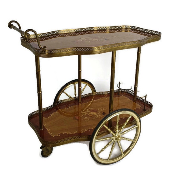 Italian Bar Cocktail Tea Cart Trolley Hollywood Regency Marquetry Inlay Vintage Gorgeous