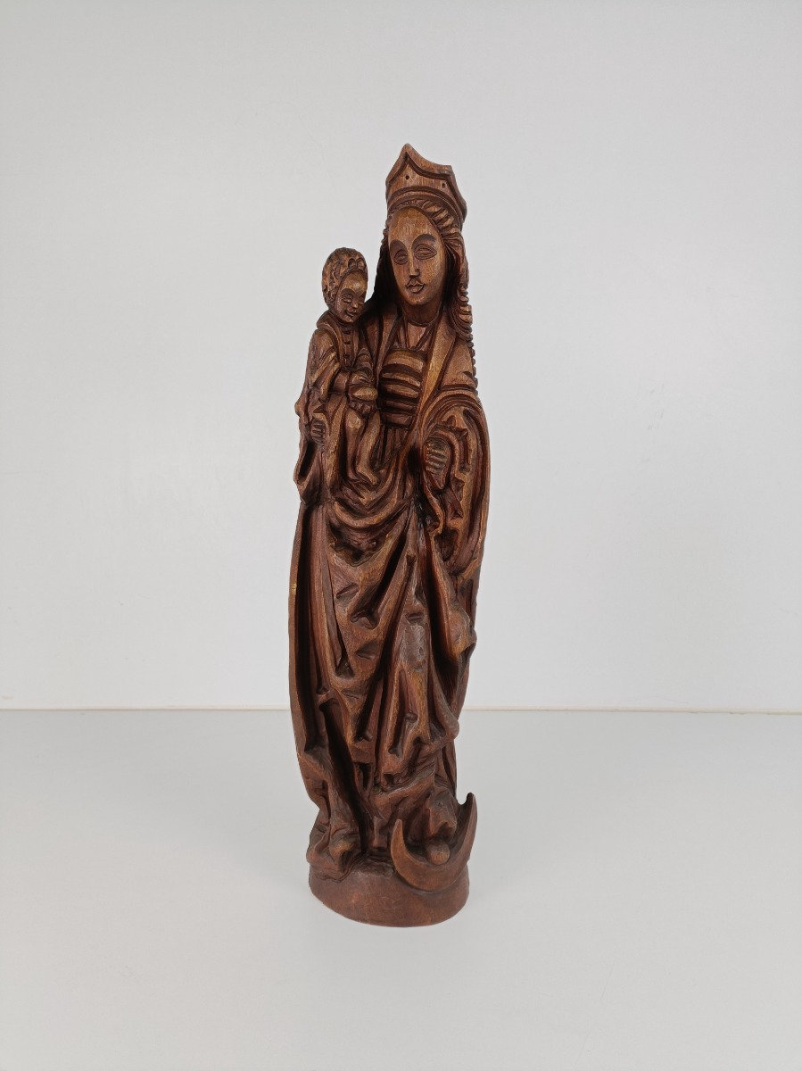 ドイツ製　木彫りアンティーク　聖母マリア像/Madonna and Child Large Hand Carved Wooden Madonna With Infant Crescent Moon Virgin
