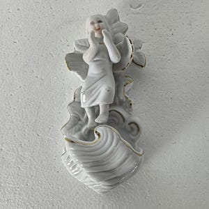 porcelain vintage holy water font, vessel, angel, white gold, wall hanging