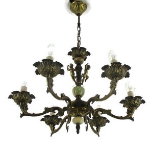 Chandelier 6 Lights Arms Putti Cherub Hollywood Regency Brass Marble Parts