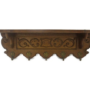 Small Vintage  Hand Carved Wood Coat Hat Rack  French Oak Mid Century Modern 50s Breughel Style