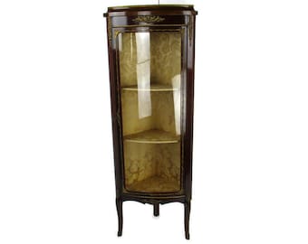 Marquetry Display Case Cabinet Inlay Brass trims French Antique 1920s Stunning