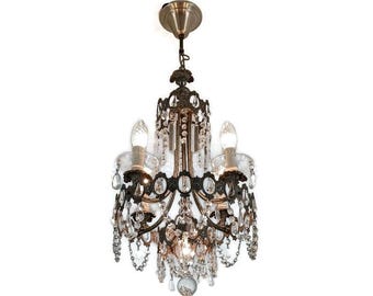 Brass Chandelier Ornate Vintage with Crystal Prisms Wedding chandelier Hollywood regency