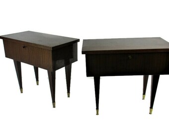 Pair Couple Double Vintage Nightstands End tables Mid Century Modern Wood Retro Lacquered WOW