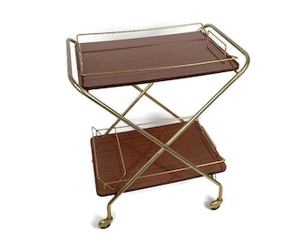 Foldable Bar Cart Kitchen Island Coctail Cart Serving tray Vintage Veneer Chrome