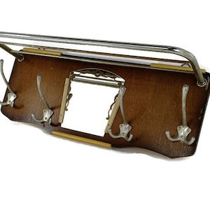 Vintage Wall Coat Rack Shelf Mid Century Modern Railroad Industrial Wood Chrome Rockabilly style