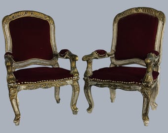 Pair of Dolls Chairs Red Velvet Wood Victorian Style for Large Dolls