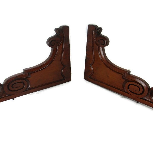 Pair French Corbels Hand Carved Wood  Pediment Ornate Finial Architectural Brackets Finials Antique Art Nouveau