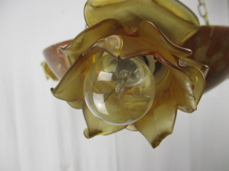 Art Nouveau Pendant Chandelier Alabaster Amber Flower Shades 4 Lights Ormolu