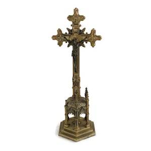 Vintage Ornate Spelter Faux Brass Chalice Standing Crucifix Towers Cross Chalice Very Special