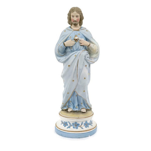 Estatua Antigua Bisque Porcelana Jesucristo Salvador Sagrado Sagrado Corazón