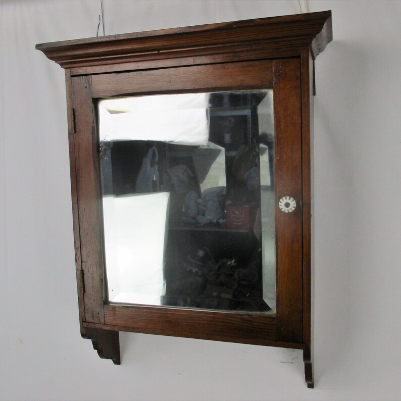 Vintage Pine Wood Kitchen Apothecary Bathroom Wall Cabinet Beveled Glass Mirror