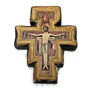 Florentine Wood San Damiano Wall Hanging Crucifix Jesus Christ Gold Gilt