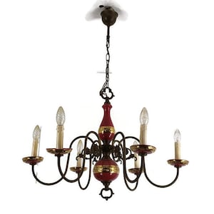 Vintage Chandelier 6 arm Lights Porcelain Bordeaux Gold Italian Lovely