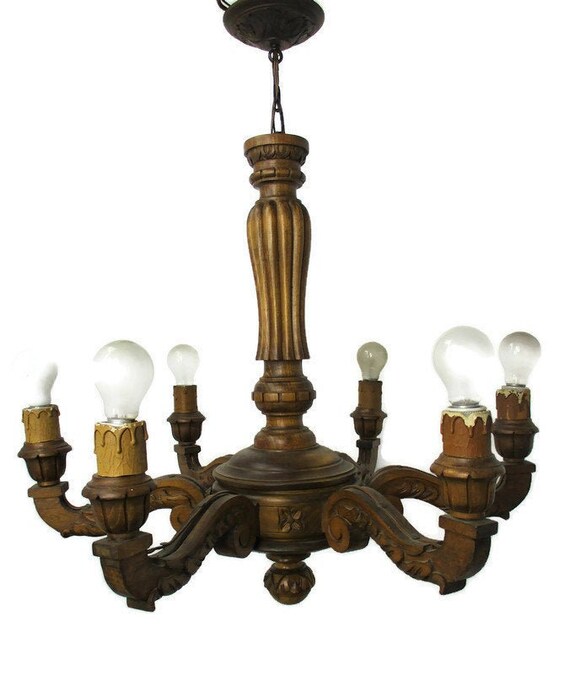 Hand Carved Wooden Chandelier Ornate 6 Arm Lights Mid Century