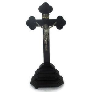 Antique Standing Crucifix   Wood  Corpus Christi Hand Carved French Fleur de Lis 1900s