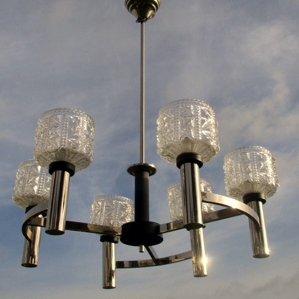 Mid Century Danish Modern Chandelier Chrome Glass Shades Vintage 6 Lights bowls