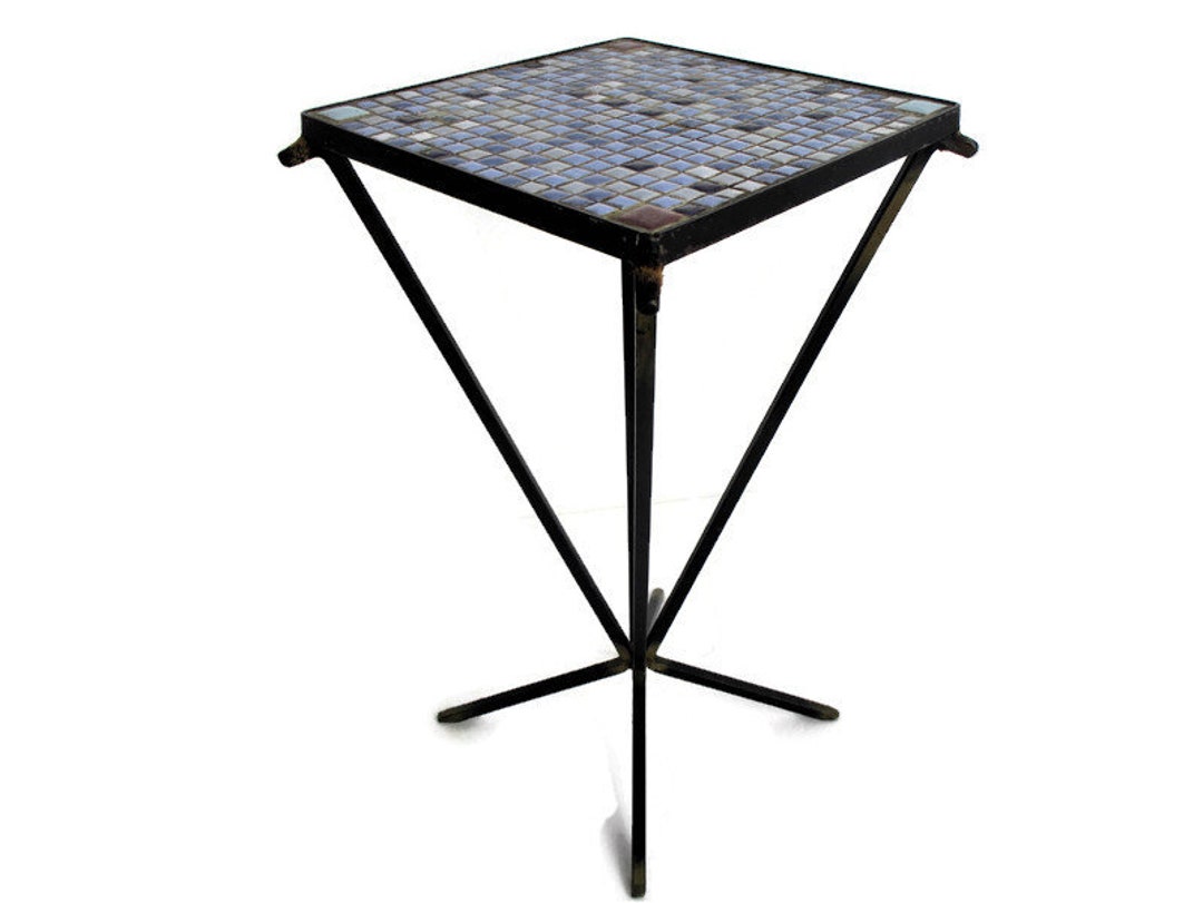 Vintage Small Side Table Plant Stand Mosaic Tiles Checkered Pattern