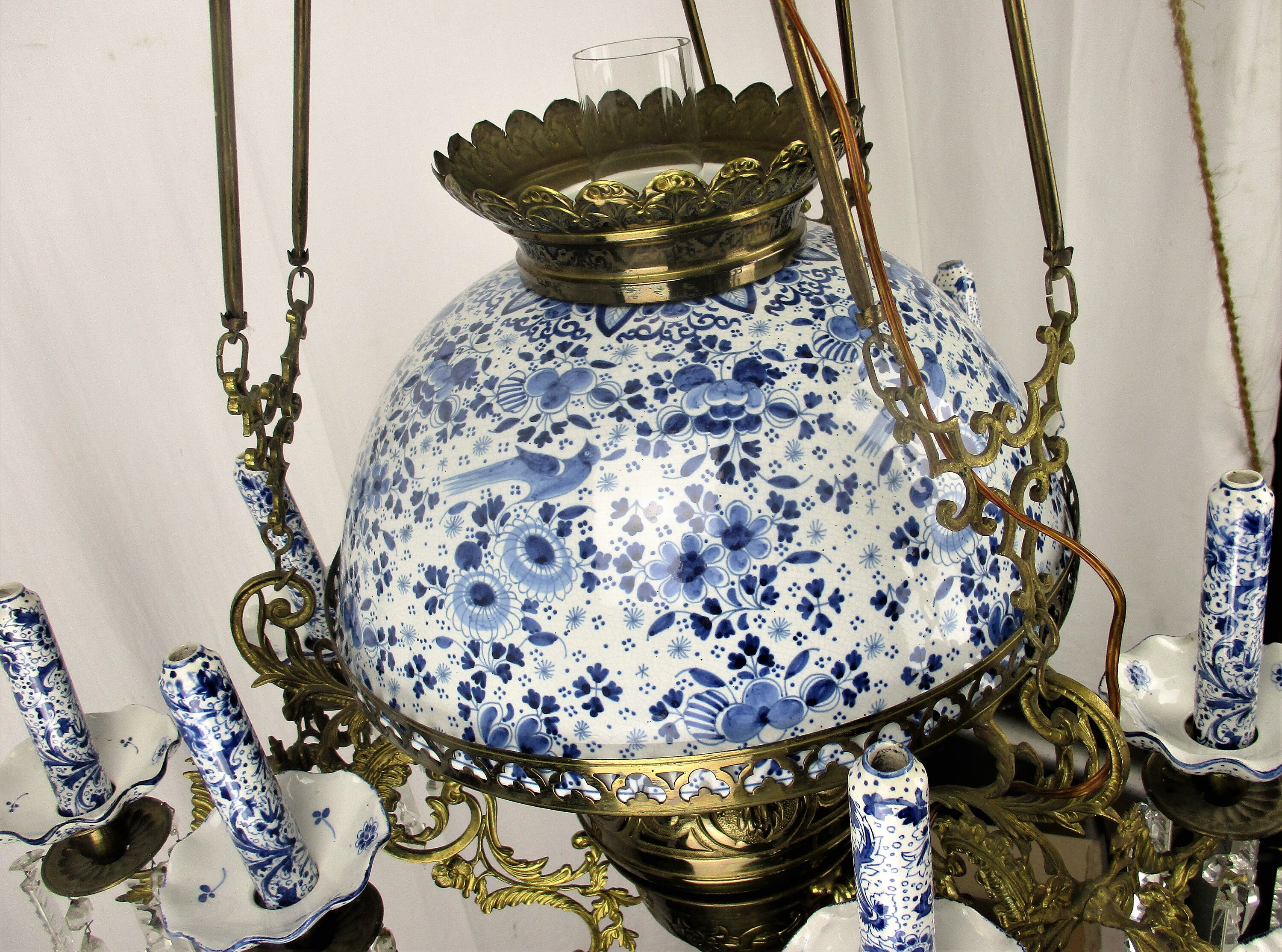 Antique Delft Blue White Porcelain Brass Chandelier Dutch 1 Antique Delft Blue White Porcelain Brass Chandelier Dutch 1