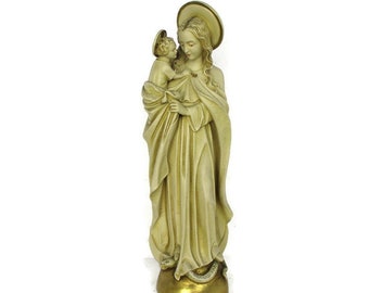 Große Statue Jungfrau Maria Madonna Säugling auf Schlangen-Gips-Goldfarbe HTF 21,65 "