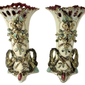 Set of 2 Pair French Barbotine Majolica Vases Planters Centerpiece Gorgeous Flowers Cache pots Dragons Art Nouveau