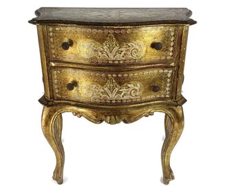 Florentine Wood Nightstand End Table Hall Cabinet Gold Gilded  Italian Stunning Vintage