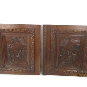 Pair Antique Hand Carved Oak Pheasants Door Panels Reclaimed Architectural Breughel Scenes