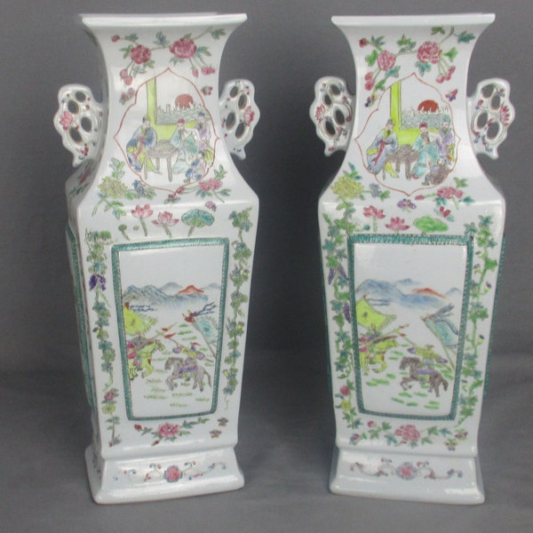 Pair Chinese Porcelain Famille Rose Vases Square Vase 17"