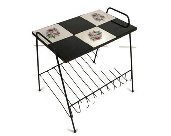 Side Table Magazine Newspaper Rack Basket  Wrought Iron Legs Ceramic Tiles Vintage