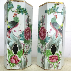 Pair Antique Chinese Famille Rose Porcelain Hectagonal Vase Vases Birds 11&quot;