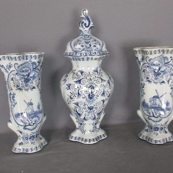 3 pcs Delft Blue Pottery Garniture Set 2 Trumpet Vases Matching Covered Urn