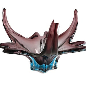 Gorgeous Bowl Dish Centerpiece Cranberry Blue Art Glass Murano Italy Modernist