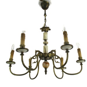 Chandelier 6 Arms Lights Hollywood Regency Brass Marble Parts Brass
