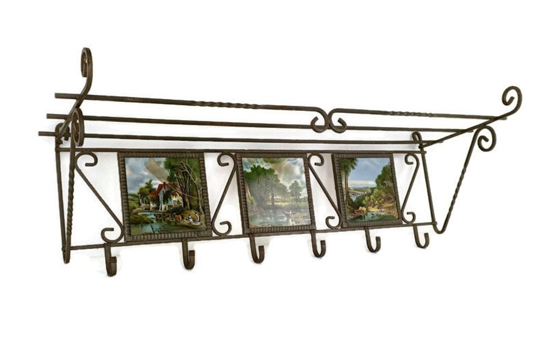Vintage Wrought Iron Coat Hat Wall Rack Picture Tile Frames Barn Style