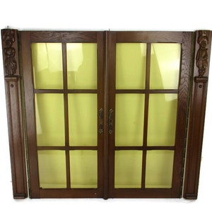 pair Vintage Carved Wood Door Panels Reclaimed Architectural Colored glass Side Pieces Wooden Figurines Recessed