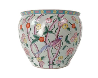 L Vintage Chinese Porcelain NIghtingale  Koi Fish Bowl Planter Vase Cachepot Flower Pot 16&quot;