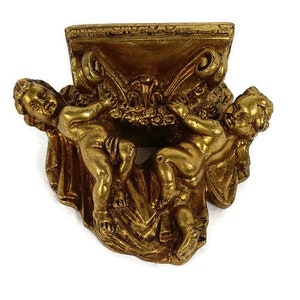 Adornado montado en la pared Putti Angels Consola Estante Estante Oro Dorado Hollywood Regency Corbel yeso
