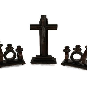 3 piece Ornate Altar Set Art Deco Wood Brass Crucifix Candelabras  Modernist Corpus WOW