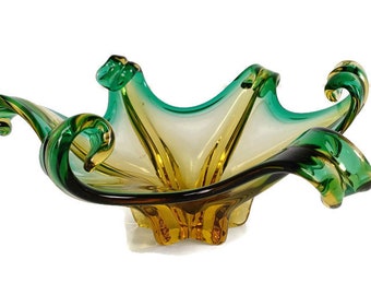 Prachtige komschotel middelpunt groen amber kunstglas Murano Italië Vintage