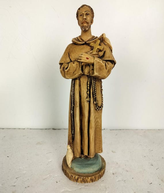 アンティーク雑貨 Small old religious statue. Statue Figurine Saint Francis of Assisi Surrounded by Birds Resin