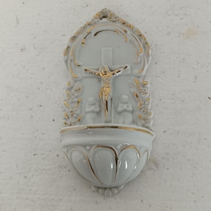 lovely small antique holy water font vessel porcelain bisque Crucifixion wall hanging
