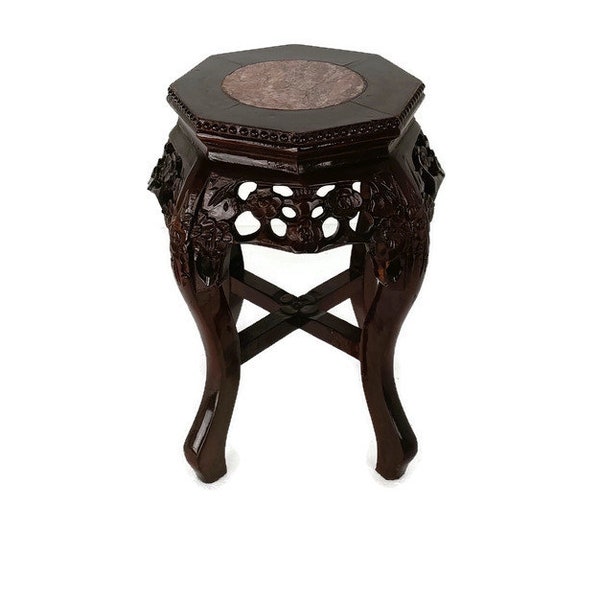 Carved Wood Rosewood Chinese Marble Top Hall Console Bonsai Table Pedestal Tabouret Beautiful