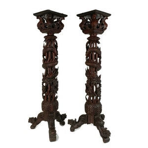 Antique 19th C Couple Pair Chinese Torches Pedestal Plant Bonsai Stand Dragons