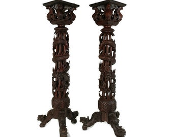 Antique 19th C Couple Pair Chinese Torches Pedestal Plant Bonsai Stand Dragons