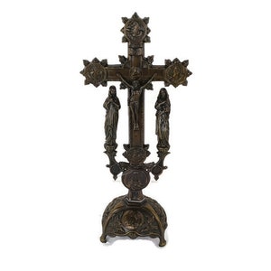 Vintage Ornate Faux Brass  Standing Crucifix 4 Evangelists Calvary Emmaus Gorgeous