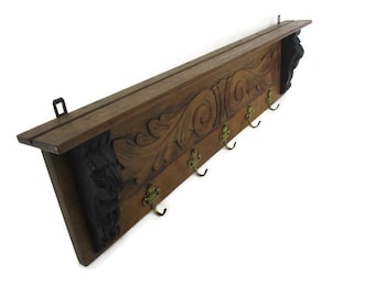 Hand Carved Wood Wall Shelf Coat Hat Kitchen Rack Lion Heads Two Toned 50s Mid Century Modern