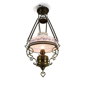 lampe Belge Antique Chandelier Opaline glass Shade ornate Brass  1 Light Art Deco