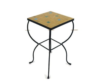 Vintage small side table Retro Wrough iron Legs ceramic mosaic Tiles Top pedestal Funky